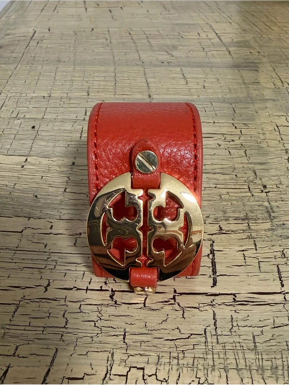 Tory Burch Orange Leather Logo Cuff Bracelet with Gold-Tone Emblem